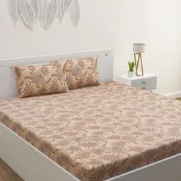 HOME AFFAIRS Brown & Grey Floral 120 TC Queen Bedsheet with 2 Pillow Covers-image-87