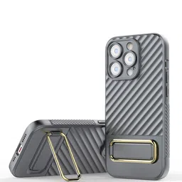 QRIOH Solid iPhone 14 Pro Back Case with Gold Metal Kickstand-image-5