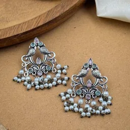 NAMAN ARTS Silver-Plated Artificial Stones and Beads Oxidised Contemporary Drop Earrings-17