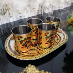 Meenakari Peacock design Serving Stainless Steel Tray with Glass Tray Glass Serving Set-15