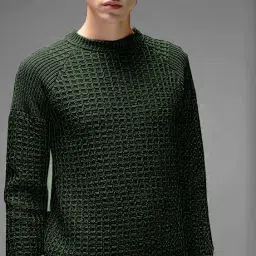 Men Self Design Round Neck Dark Green Sweater-image-2