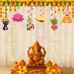 zyozi Multicolor Ganesh Puja Theme Hanging Swirls | Ganesh Chaturthi Backdrop (Pack Of 6)-picture-25