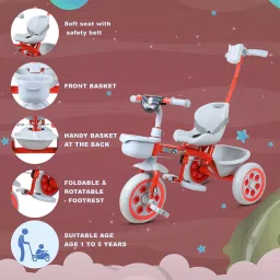Best For 1-5 Years Kids Tricycle with Parental Push Handle, with Cushioned Seat,Storage Basket and Safety Guardrail for Kids Tricycle-image-37