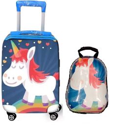 Small Cabin Suitcase (43 cm) 4 Wheels - Kids 16 inches Unicorn print Girl's Boy's suitcase/ trolley bag & 13 inche bag - Blue-12