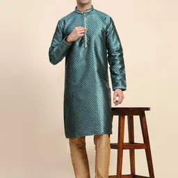 SKAVIJ Floral Woven Design Thread Work Mandarin Collar Straight Kurta with Pyjamas-image-31