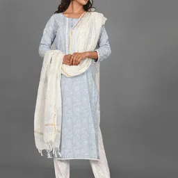 BAESD Floral Printed Round Neck Thread Work Pure Cotton Kurta With Trousers & Dupatta-image-5