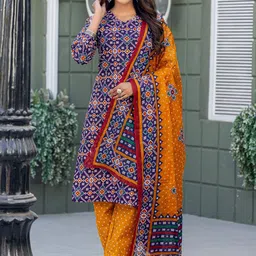 ARADHNA Floral Printed V-Neck Pure Cotton Straight Kurta With Trousers & Dupatta-picture-25