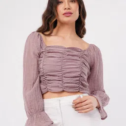 deshi girl Peach-Coloured Square Neck Ruched Bell Sleeve Crop Top-picture-34