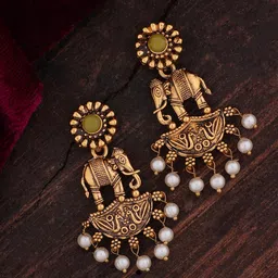 SHONA'S STYLE Brass-Plated Garnet & Pearls Beaded Elephant Shaped Antique Drop Earrings-18