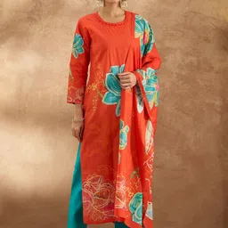 Indo Era Women Floral Printed Regular Pure Cotton Kurta with Trousers & Dupatta-39