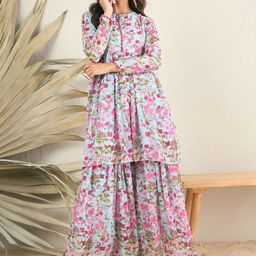Inddus Floral Printed & Mirror Work Top With Sharara Co-Ords-3
