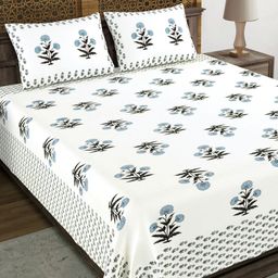 BLOCKS OF INDIA Blue & White Ethnic Motifs 210 TC King Bedsheet with 2 Pillow Covers-image-89