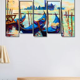 Aura Blue & Yellow 5 Pieces Boats Printed Wooden Wall Paintings-image-94