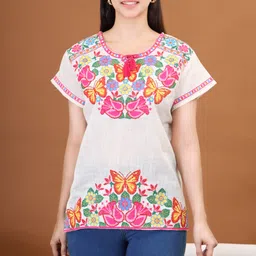 Moda Rapido Women Floral Embroidered Flared Sleeves Pure Cotton Kurti-23
