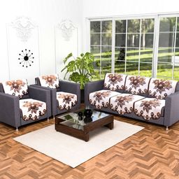 RUBOXA 10 Pieces White & Brown Printed Cotton Sofa Cover-picture-2