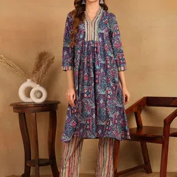 KALINI Ethnic Motifs Yoke Design Pure Cotton Kurta With Trousers-39