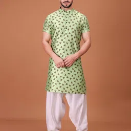 SHIWAM ETHNIX Floral Printed Band Collar Silk Straight Kurta-image-71