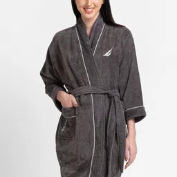 Nautica Women Grey Solid Pure Cotton Bath Robe-image-6