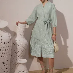 Vara By Vishudh Chambray Printed Tiered Midi Dress-4