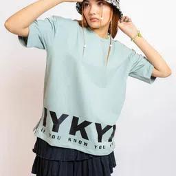 FIBONACCI Women Typography Printed Round Neck Cotton Oversized T-shirt-image-8