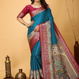 HERE&NOW Kalamkari Printed Woven Design Zari Banarasi Saree-picture-51