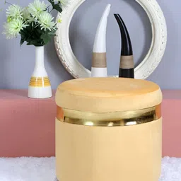 Shadowkart Yellow Round Wooden & Velvet Pouffes Pedestal Ottoman-image-53
