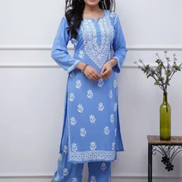 MILAAV Women Floral Printed Regular Chikankari Pure Cotton Kurta with Trousers-picture-22