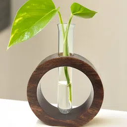 TIED RIBBONS Brown Glass Test Tube With Wooden Donut Holder Vase-picture-52