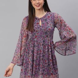 Moda Rapido Floral Print Keyhole Neck Bell Sleeve Chiffon Fit & Flare Dress-image-93