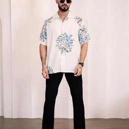 Eszett Men Floral Printed Spread Collar Short Sleeves Casual Cotton Shirt-picture-48