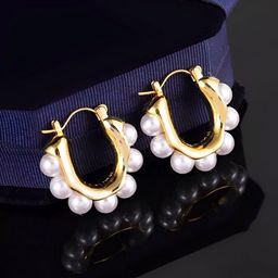 COOLWOOL Gold-Plated Pearls Beaded Korean Geometric Hoop Earrings-34