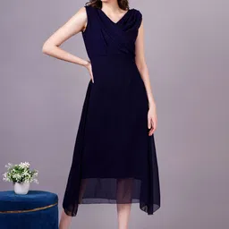 BAESD Georgette Solid V-Neck Midi Wrap Dress-image-32