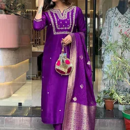 HERE&NOW Women Purple Embroidered Sequinned Kurta & Trousers & Dupatta-picture-7