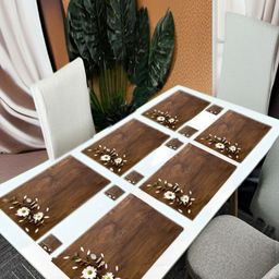 REVEXO 12 Pcs Brown & White Printed Table Placemats With Coasters-14