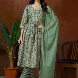 DIVASTRI Women Floral Printed Gotta Patti Pure Cotton Kurta Trousers & Dupatta Kurta Sets-58