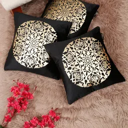 Myntra Elegant Homes Black & Gold-Toned 3 Pieces Ethnic Velvet Square Cushion Covers-image-69