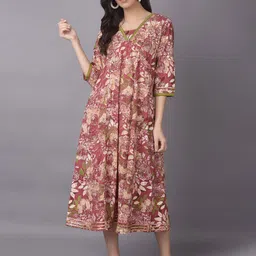 Shree Women Floral Printed V-Neck A-Line Cotton Midi Dress-picture-41