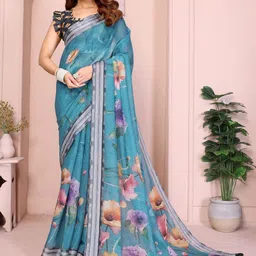 KALINI Blue Printed Linen Blend Bhagalpuri Sarees-picture-30