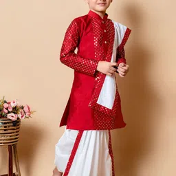 NFC CREATION Boys Embroidered Regular Sequinned Dupion Silk Kurta with Dhoti Pants & With Dupatta image 3