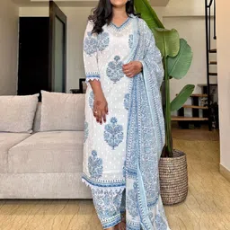 KALINI Ethnic Motifs Printed Thread Work Straight Kurta with Salwar & With Dupatta image 4
