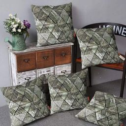 Blue Grass Green & Off White 5 Pieces Geometric Printed Velvet Square Cushion Covers-image-6