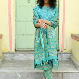 Rangeelo Floral Printed Pure Cotton Straight Kurta With Trousers & Dupatta-picture-29