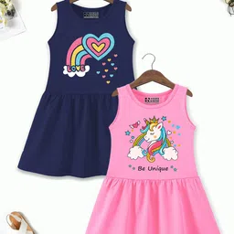 HERE&NOW Girls Pack of 2 Graphic Print Cotton A-Line Dress-image-58