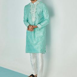 ASUKA Men Ethnic Motifs Embroidered Regular Sequinned Chanderi Silk Kurta with Pyjamas-25