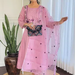 Ekta Textiles Floral Yoke Design Chanderi Cotton Straight Kurta With Trousers & Dupatta-image-88