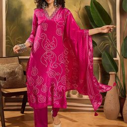 Sangria Bandhani Printed Zari Work V-Neck Straight Kurta With Trousers And Dupatta-40