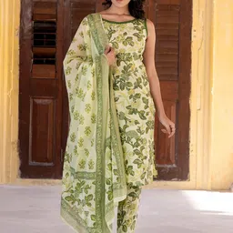 KALINI Floral Printed Straight Pure Cotton Kurta With Trousers & Dupatta-46