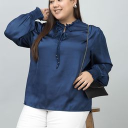PURYS PLUS Tie-Up Neck Puff Sleeve Satin Top-image-24
