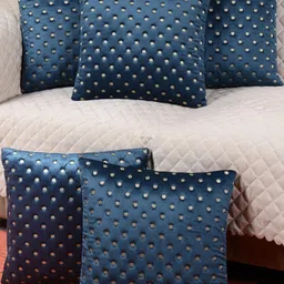 Decorative Dot Design Set of 5, Blue Color Velvet Cushion Covers-1