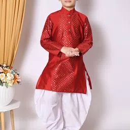 AHLAN APPARELS Boys Geometric Embroidered Sequinned Dupion Silk Kurta With Patiala-50